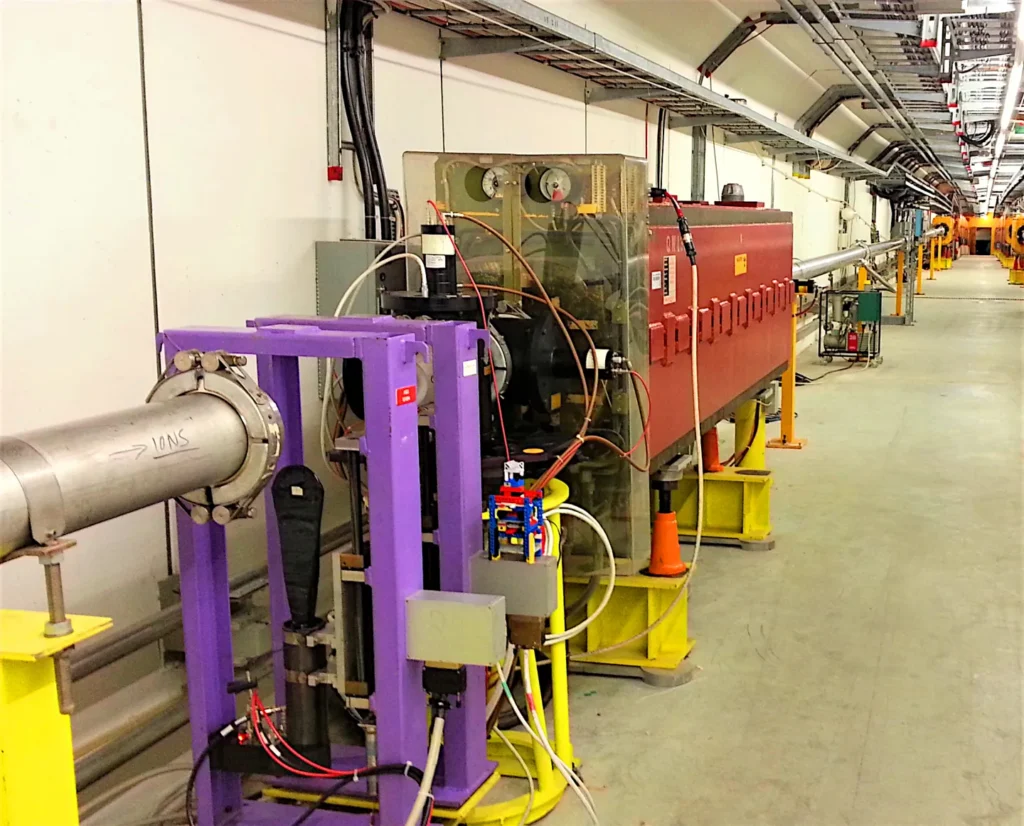 The LEGO-based device can be seen next to the beam line (Image: Michael Deveaux/CERN)